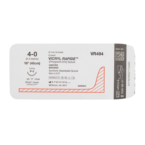 Absorbable Suture with Needle Vicryl™ Rapide Polyglactin 910 P-3 3/8 Circle Precision Reverse Cutting Needle Size 4-0 Braided #VR494