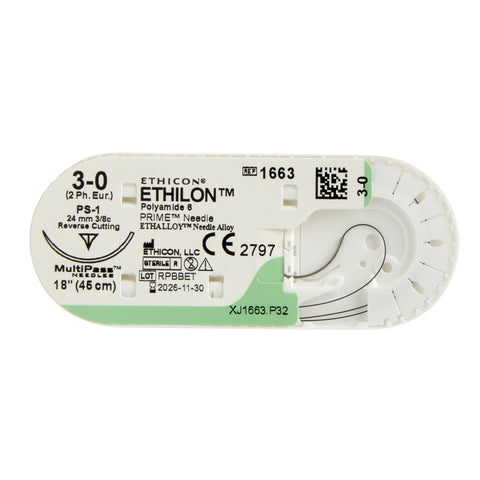 Nonabsorbable Suture with Needle Ethilon™ Nylon PS-1 3/8 Circle Reverse Cutting Needle Size 3-0 Monofilament #1663H