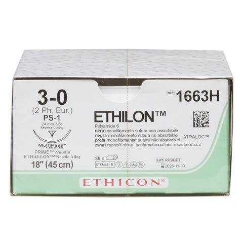 Nonabsorbable Suture with Needle Ethilon™ Nylon PS-1 3/8 Circle Reverse Cutting Needle Size 3-0 Monofilament #1663H
