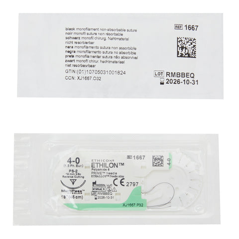Nonabsorbable Suture with Needle Ethilon™ Nylon PS-2 3/8 Circle Precision Reverse Cutting Needle Size 4-0 Monofilament #1667ZH