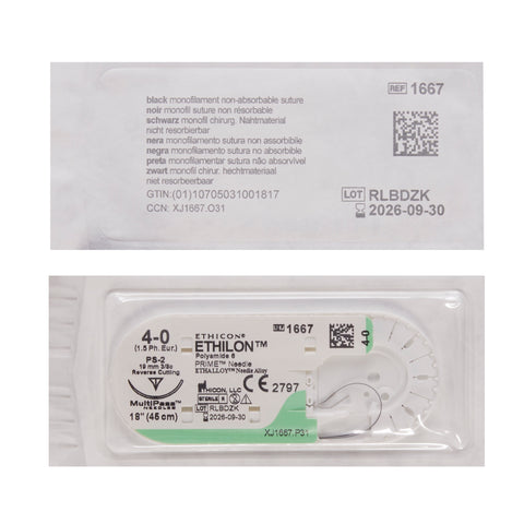 Nonabsorbable Suture with Needle Ethilon™ Nylon PS-2 3/8 Circle Precision Reverse Cutting Needle Size 4-0 Monofilament #1667G