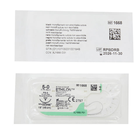 Nonabsorbable Suture with Needle Ethilon™ Nylon PS-3 3/8 Circle Reverse Cutting Needle Size 5-0 Monofilament #1668G