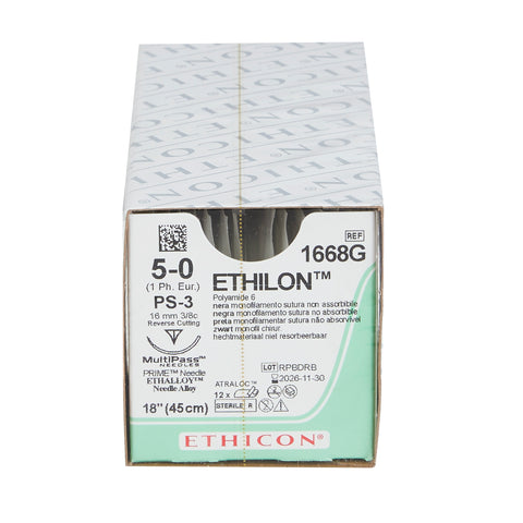 Nonabsorbable Suture with Needle Ethilon™ Nylon PS-3 3/8 Circle Reverse Cutting Needle Size 5-0 Monofilament #1668G