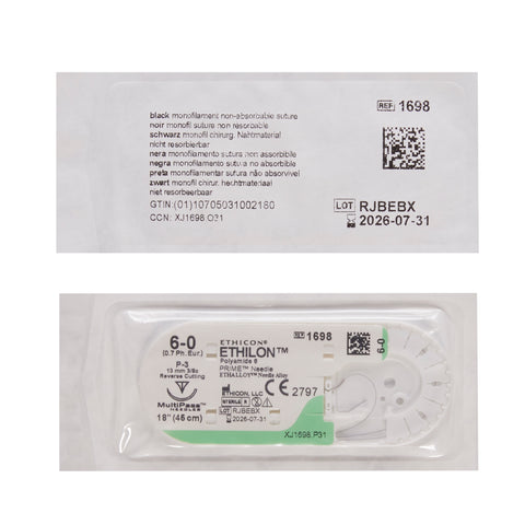 Nonabsorbable Suture with Needle Ethilon™ Nylon P-3 3/8 Circle Precision Reverse Cutting Needle Size 6-0 Monofilament #1698G