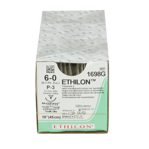 Nonabsorbable Suture with Needle Ethilon™ Nylon P-3 3/8 Circle Precision Reverse Cutting Needle Size 6-0 Monofilament #1698G