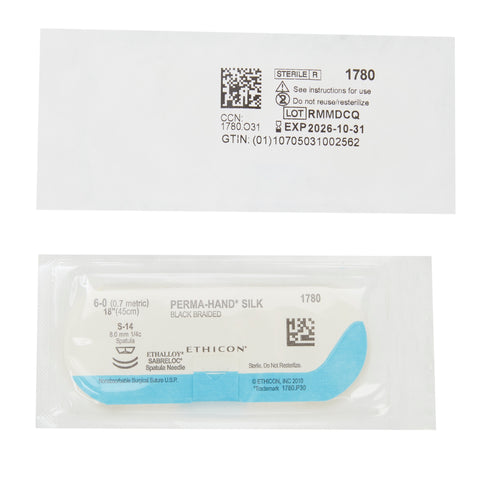 Nonabsorbable Suture with Needle Perma-Hand™ Silk S-14 1/4 Circle Spatula Needle Size 6-0 Braided #1780G
