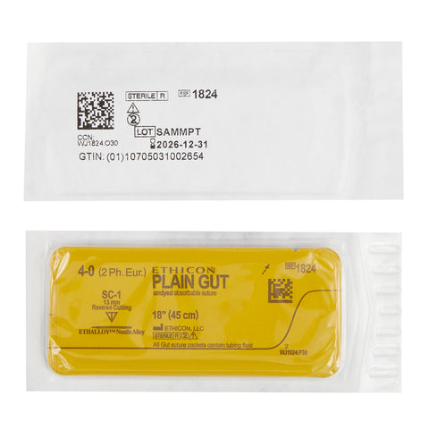 Absorbable Suture with Needle GUT PLAIN Plain Gut SC-1 Straight Reverse Cutting Needle Size 4-0 Monofilament #1824H