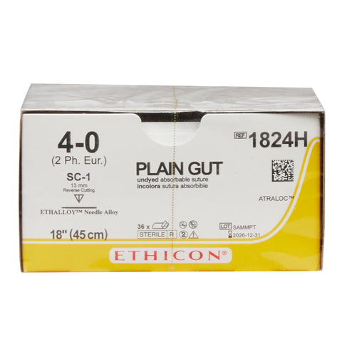Absorbable Suture with Needle GUT PLAIN Plain Gut SC-1 Straight Reverse Cutting Needle Size 4-0 Monofilament #1824H