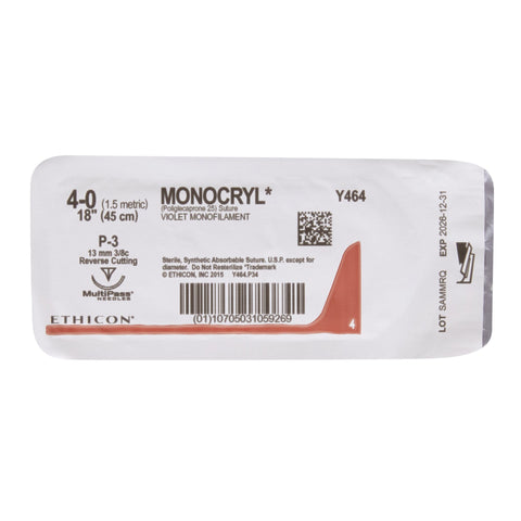 Absorbable Suture with Needle Monocryl™ Poliglecaprone P-3 3/8 Circle Precision Reverse Cutting Needle Size 4-0 Monofilament #Y464G
