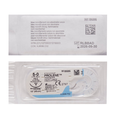 Nonabsorbable Suture with Needle Prolene™ Polypropylene PS-2 3/8 Circle Precision Reverse Cutting Needle Size 5-0 Monofilament #8686G