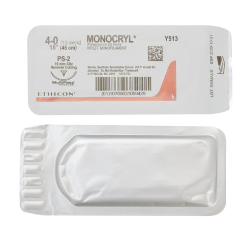 Absorbable Suture with Needle Monocryl™ Poliglecaprone PS-2 3/8 Circle Precision Reverse Cutting Needle Size 4-0 Monofilament #Y513G