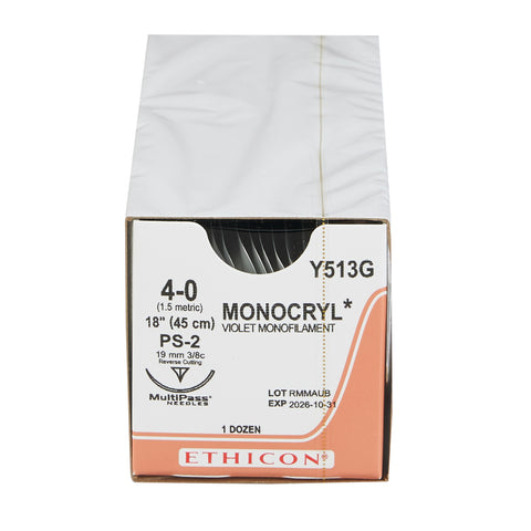 Absorbable Suture with Needle Monocryl™ Poliglecaprone PS-2 3/8 Circle Precision Reverse Cutting Needle Size 4-0 Monofilament #Y513G