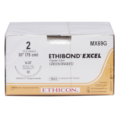 Nonabsorbable Suture with Needle Ethibond Polyester V-37 1/2 Circle Taper Cutting Needle Size 2 Braided #MX69G