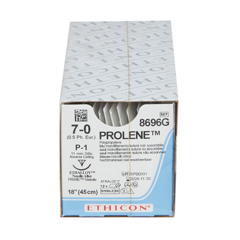 Nonabsorbable Suture with Needle Prolene™ Polypropylene P-1 3/8 Circle Precision Reverse Cutting Needle Size 7-0 Monofilament #8696G