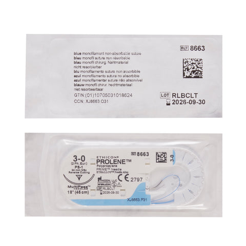 Nonabsorbable Suture with Needle Prolene™ Polypropylene PS-1 3/8 Circle Reverse Cutting Needle Size 3-0 Monofilament #8663G