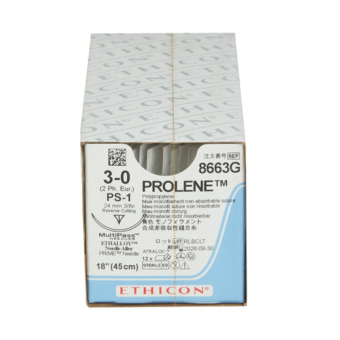 Nonabsorbable Suture with Needle Prolene™ Polypropylene PS-1 3/8 Circle Reverse Cutting Needle Size 3-0 Monofilament #8663G