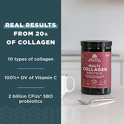 Collagen Powder Protein with Vitamin C and Probiotics by Ancient Nutrition, Multi Collagen Protein, Unflavored, 24 Servings, Hydrolyzed Collagen Peptides Supports Skin and Nails, Gut Health, 8.6oz