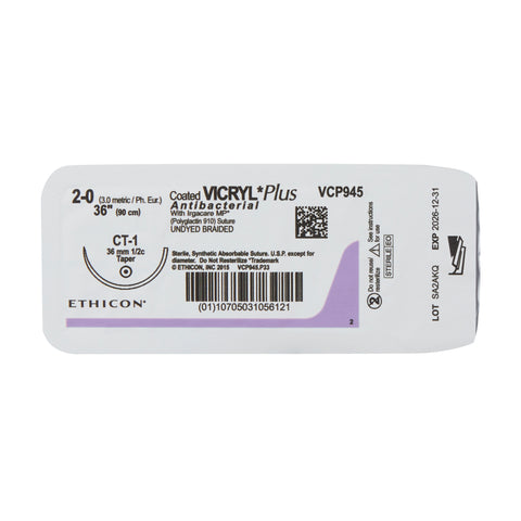 Absorbable Antibacterial Suture with Needle Coated Vicryl™ Plus Polyglactin 910 CT-1 1/2 Circle Taper Point Needle Size 2-0 Braided #VCP945H