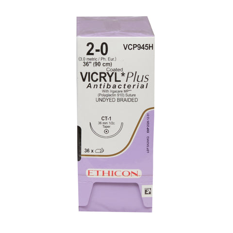 Absorbable Antibacterial Suture with Needle Coated Vicryl™ Plus Polyglactin 910 CT-1 1/2 Circle Taper Point Needle Size 2-0 Braided #VCP945H