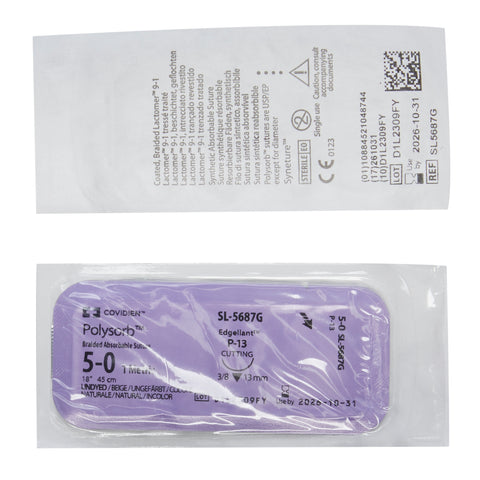 Absorbable Suture with Needle Polysorb™ Polyester P-13 3/8 Circle Precision Reverse Cutting Needle Size 5-0 Braided #SL-5687G