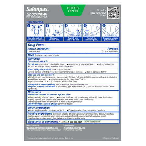 LIDOCAINE 4% Pain Relieving Gel-Patch, 15 Patches