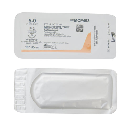 Absorbable Antibacterial Suture with Needle Monocryl™ Plus Poliglecaprone 25 with Irgacare MP Antibacterial Suture P-3 3/8 Circle Precision Reverse Cutting Needle Size 5-0 Monofilament #MCP493G