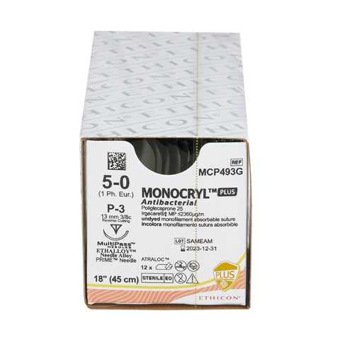 Absorbable Antibacterial Suture with Needle Monocryl™ Plus Poliglecaprone 25 with Irgacare MP Antibacterial Suture P-3 3/8 Circle Precision Reverse Cutting Needle Size 5-0 Monofilament #MCP493G