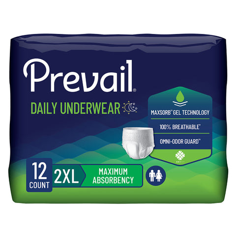 Absorbent Underwear Prevail® Daily Underwear Extra Pull On with Tear Away Seams Adult 2X-Large Unisex Disposable Moderate Absorbency #PV-517