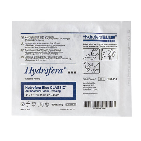 BSN Medical Antibacterial Foam Dressing Hydrofera BLUE® Classic 4 X 4 Inch Without Border Without Film Backing Nonadhesive Square Sterile #HB4414