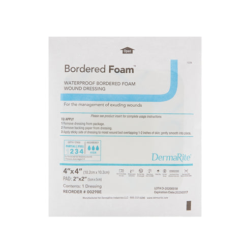 DermaRite Industries Foam Dressing BorderedFoam® 4 X 4 Inch With Border Waterproof Backing Nonacrylic Adhesive Square Sterile #00298E