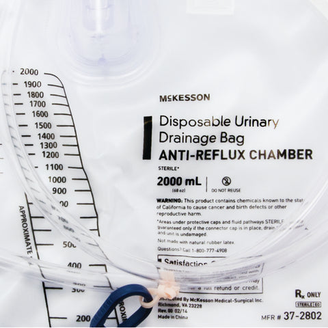 McKesson Urinary Drain Bag Anti-Reflux Valve Sterile 2,000 mL Vinyl #37-2802