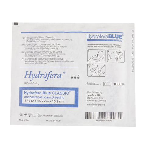 BSN Medical Antibacterial Foam Dressing Hydrofera BLUE® Classic 6 X 6 Inch Without Border Without Film Backing Nonadhesive Square Sterile #HB6614