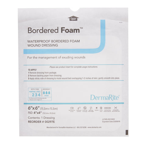 DermaRite Industries Foam Dressing BorderedFoam® 6 X 6 Inch With Border Waterproof Backing Nonacrylic Adhesive Square Sterile #00297E