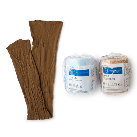 2 Layer Compression Bandage System CoFlex® TLC XL with Indicators 4 Inch X 5-2/5 Yard / 4 Inch X 7 Yard 35 to 40 mmHg Self-adherent / Pull On Closure Tan NonSterile