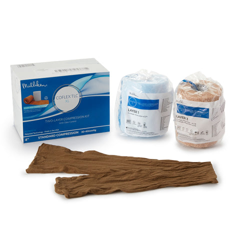 2 Layer Compression Bandage System CoFlex® TLC XL with Indicators 4 Inch X 5-2/5 Yard / 4 Inch X 7 Yard 35 to 40 mmHg Self-adherent / Pull On Closure Tan NonSterile