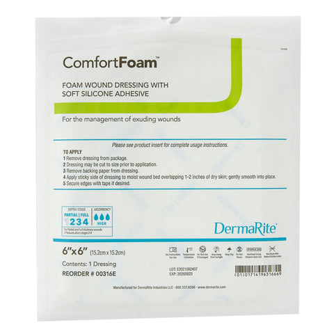 DermaRite Industries Foam Dressing ComfortFoam™ 6 X 6 Inch Without Border Film Backing Silicone Face Square Sterile #00316E