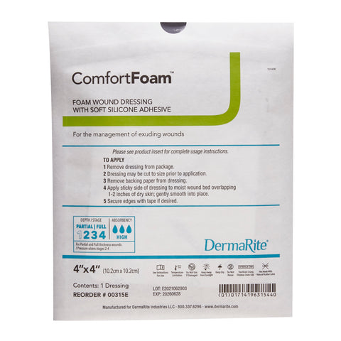 DermaRite Industries Foam Dressing ComfortFoam™ 4 X 4 Inch Without Border Film Backing Silicone Face Square Sterile #00315E