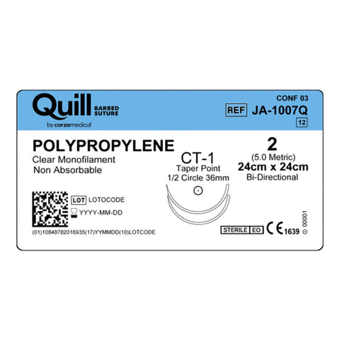 Nonabsorbable Suture with Needle Quill™ Knotless Tissue-Closure Device Polypropylene CT-1 1/2 Circle Taper Point Needle Size 2 Barbed Monofilament #JA-1007Q