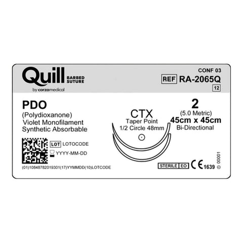 Absorbable Quill Barbed Suture with Needle Quill™ Polydioxanone CTX 1/2 Circle Taper Point Needle Size 2 Barbed Monofilament #RA-2065Q