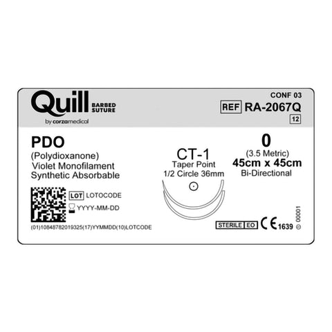 Absorbable Quill Barbed Suture with Needle Quill™ Polydioxanone CT-1 1/2 Circle Taper Point Needle Size 0 Barbed Monofilament #RA-2067Q