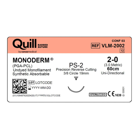 Absorbable Quill Barbed Suture with Needle Quill™ Monoderm™ Polyglycolic Acid / PCL PS-2 3/8 Circle Reverse Cutting Needle Size 2-0 Barbed Monofilament #VLM-2002