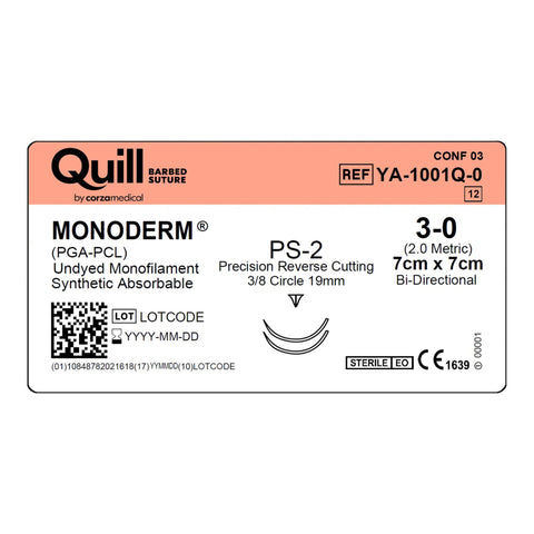 Absorbable Suture with Needle Quill™ Monoderm™ Polyglycolic Acid / PCL PS-2 3/8 Circle Precision Reverse Cutting Needle Size 3-0 Barbed Monofilament #YA-1001Q-0