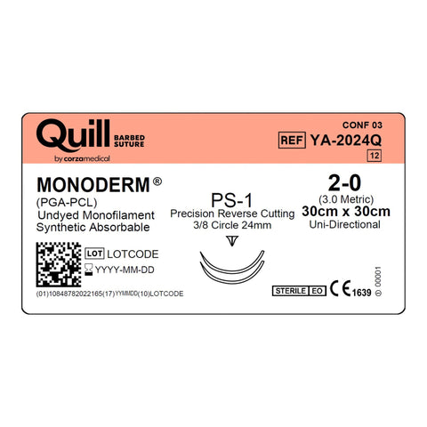 Absorbable Suture with Needle Quill™ Monoderm™ Polyglycolic Acid / PCL PS-1 3/8 Circle Precision Reverse Cutting Needle Size 2-0 Barbed Monofilament #YA-2024Q