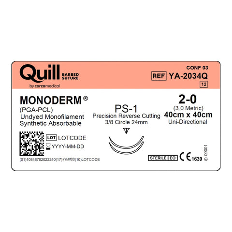 Absorbable Suture with Needle Quill™ Monoderm™ Polyglycolic Acid / PCL PS-1 3/8 Circle Precision Reverse Cutting Needle Size 2-0 Barbed Monofilament #YA-2034Q