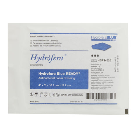 BSN Medical Antibacterial Foam Dressing Hydrofera BLUE® READY 4 X 5 Inch Without Border Waterproof Film Backing Nonadhesive Rectangle Sterile #HBRS4520