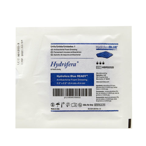 BSN Medical Antibacterial Foam Dressing Hydrofera BLUE® READY 2-1/2 X 2-1/2 Inch Without Border Without Film Backing Nonadhesive Square Sterile #HBRS2520
