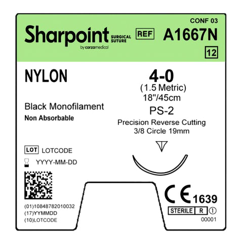 Nonabsorbable Suture with Needle Surgical Specialties™ Nylon DSM18 3/8 Circle Precision Reverse Cutting Needle Size 4-0 Monofilament #A1667N
