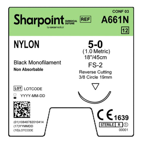 Nonabsorbable Suture with Needle Surgical Specialties™ Nylon DSM18 3/8 Circle Precision Reverse Cutting Needle Size 5-0 Monofilament #A661N