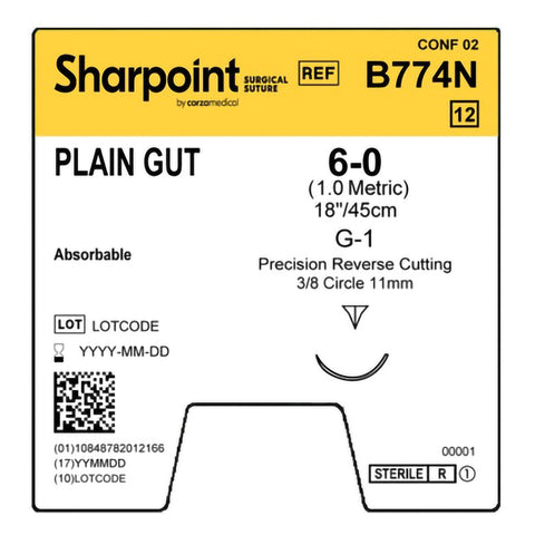 Absorbable Suture with Needle Surgical Specialties™ Plain Gut DSM11 3/8 Circle Precision Reverse Cutting Needle Size 6-0 Monofilament #B774N