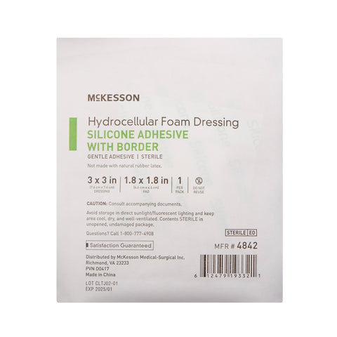 Foam Dressing McKesson 3 X 3 Inch With Border Film Backing Silicone Gel Adhesive Square Sterile #4842